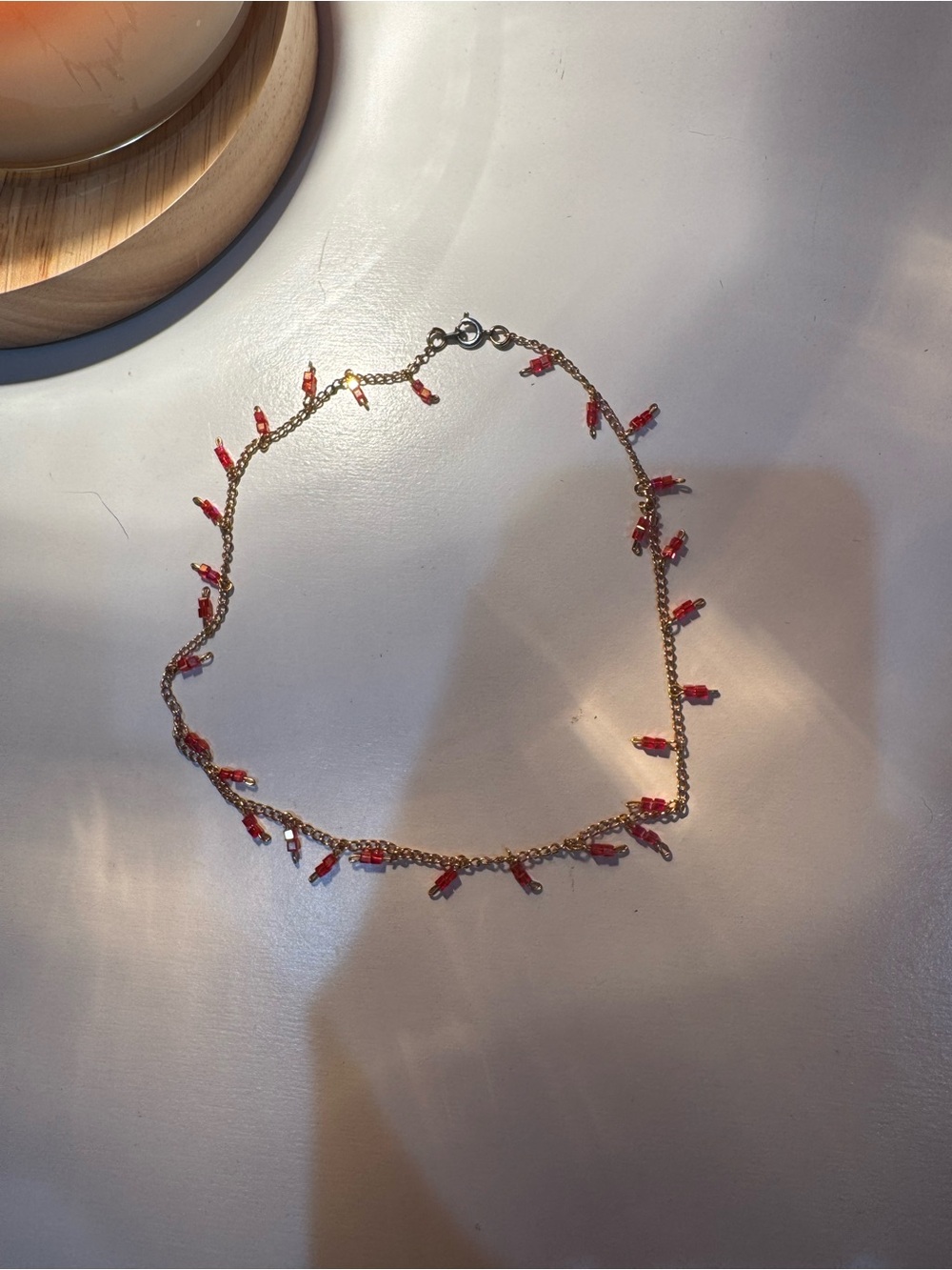 Handmade Gold Chain Necklace with Red Bead Accents - Women Jewelry